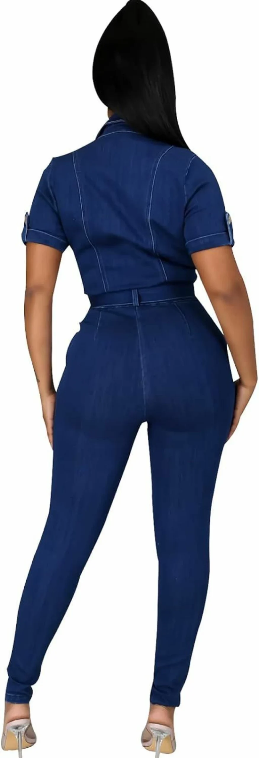 BestGirl Women's Casual Zip-Up Denim Jumpsuit - Short Sleeve Jean Overalls Romper
