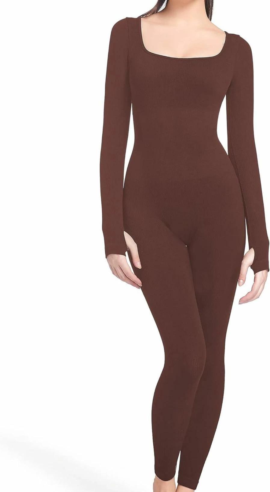 Soo Slick Women's Ribbed Jumpsuit - Square Neck Long Sleeve Shapewear for Tummy Control, Workout & Yoga