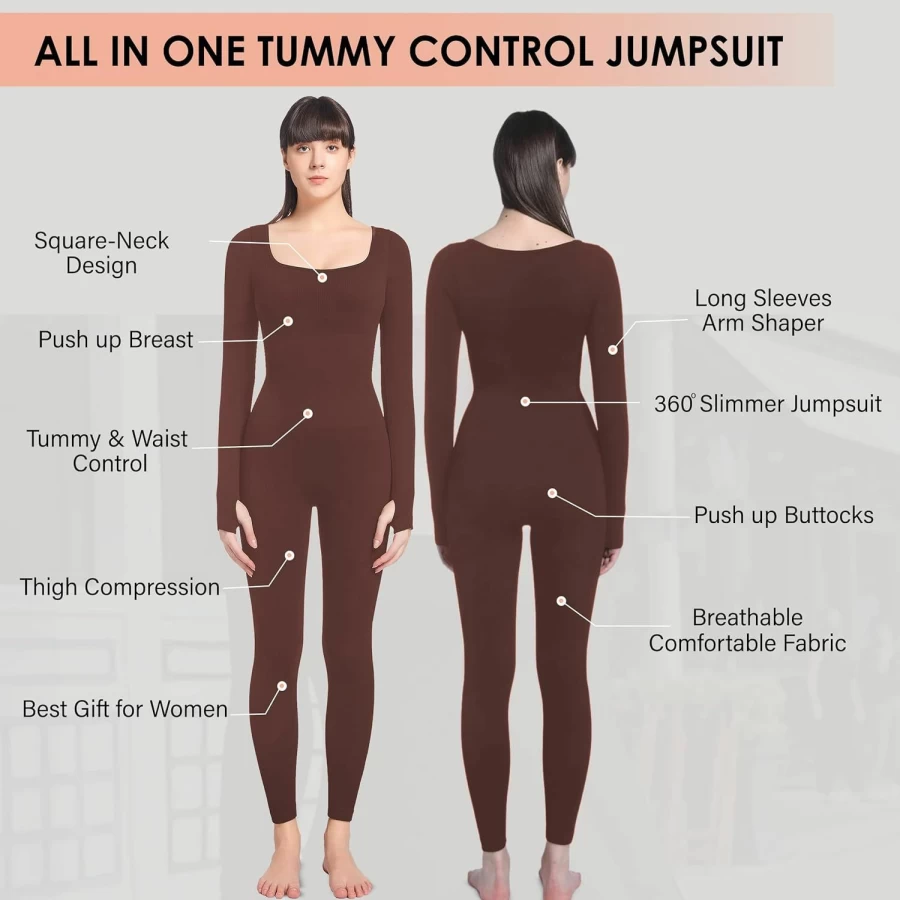 Soo Slick Women's Ribbed Jumpsuit - Square Neck Long Sleeve Shapewear for Tummy Control, Workout & Yoga