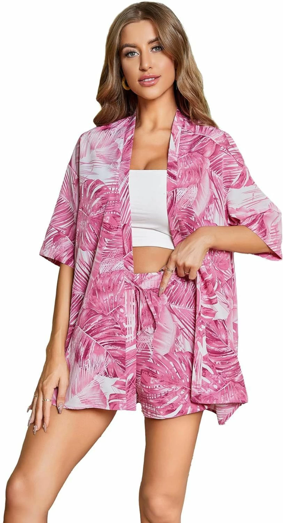 MakeMeChic Women's Tropical Boho 2-Piece Outfit - Floral Kimono Blouse & Shorts Set Summer Beachwear