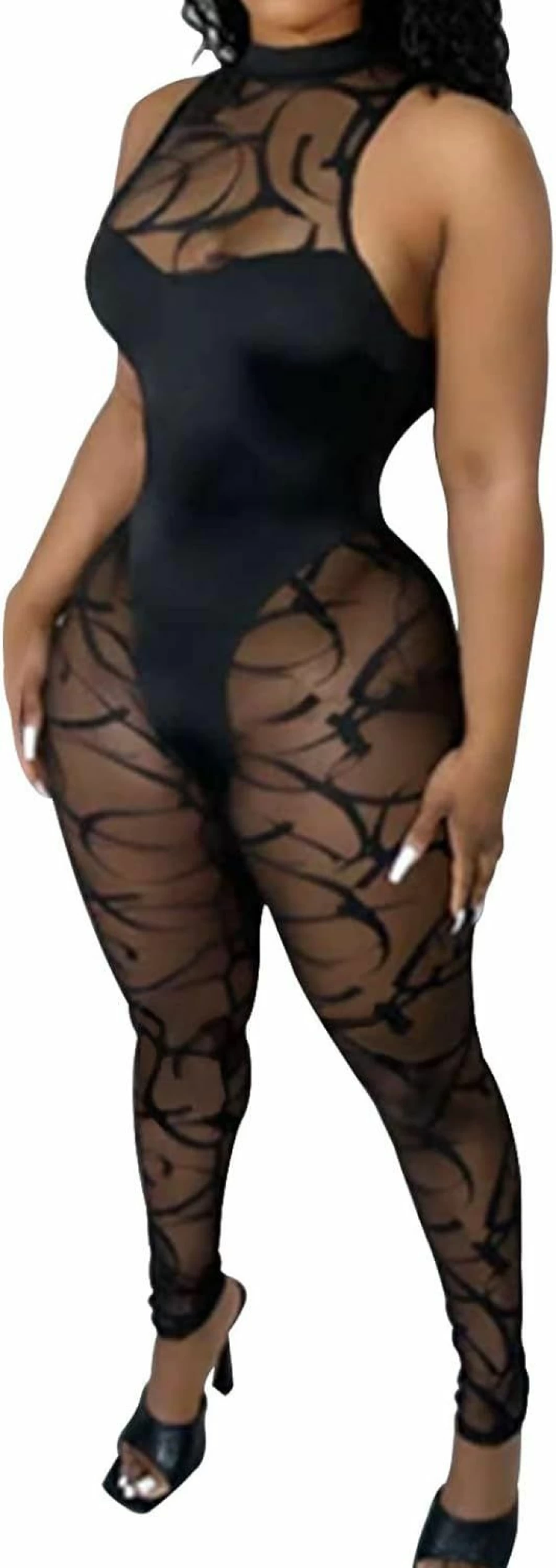 Uni Clau Women's Sheer Mesh Bodycon Jumpsuit Long Sleeve See-Through Party Outfit One Piece Romper