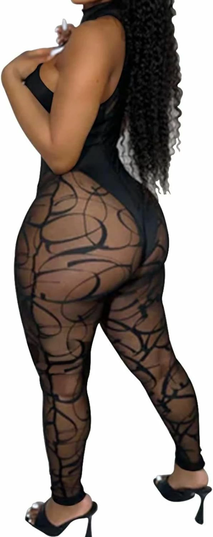 Uni Clau Women's Sheer Mesh Bodycon Jumpsuit Long Sleeve See-Through Party Outfit One Piece Romper