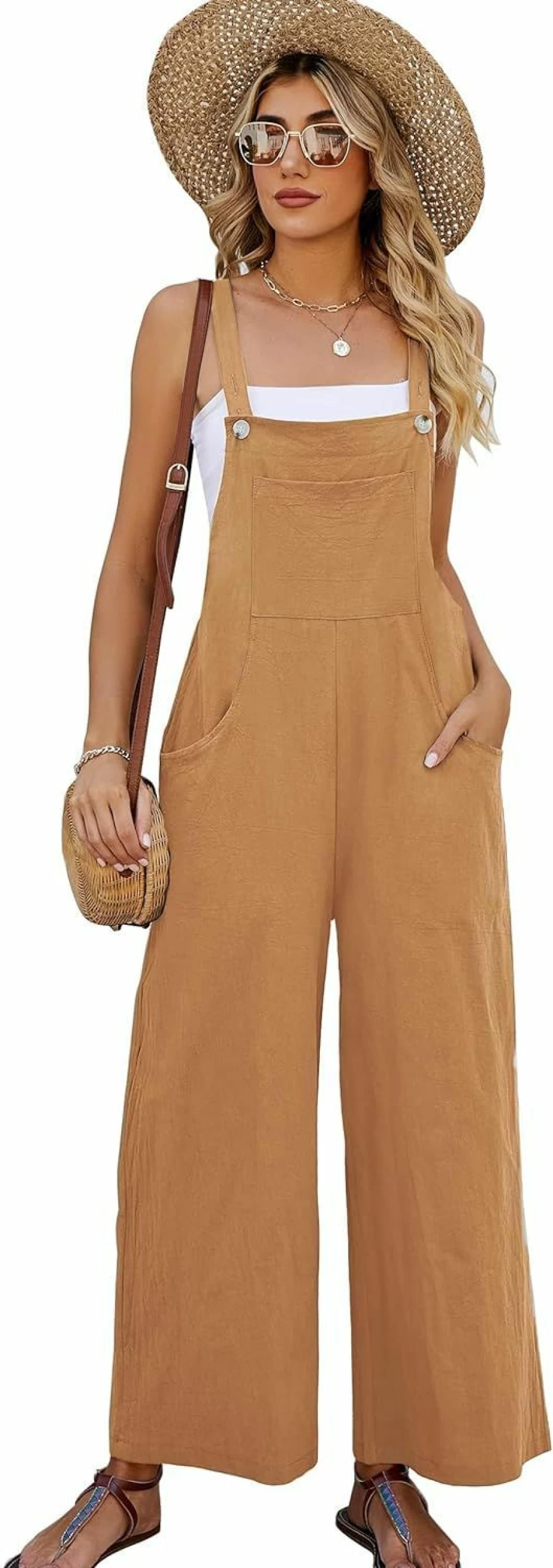 COZYPOIN Women's Cotton Loose Fit Wide Leg Sleeveless Romper Jumpsuit - Baggy Overalls Fashion