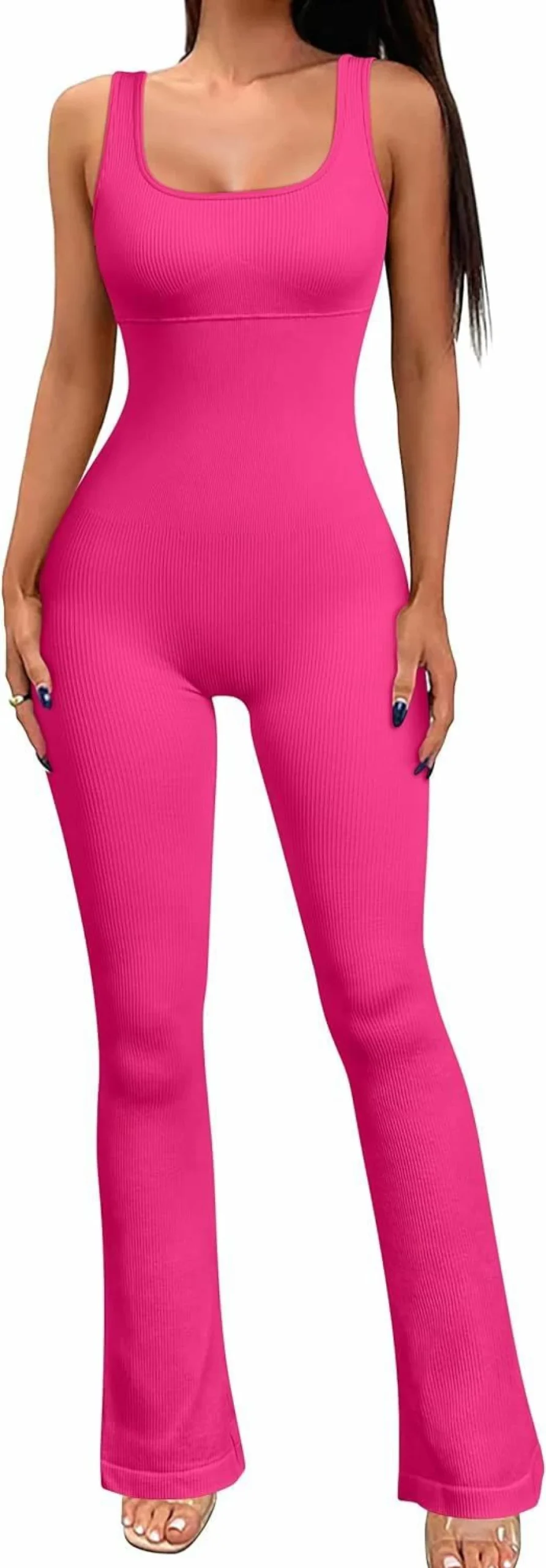 OQQ Women's Ribbed Yoga Jumpsuit - Sleeveless Flare Leg Workout Romper for Fitness & Dance