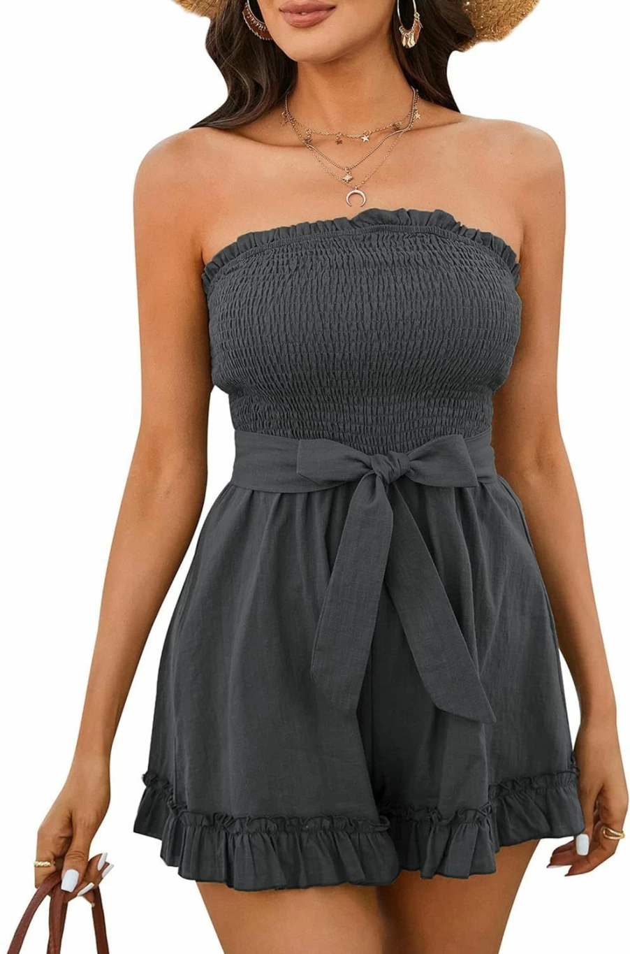 Zexxxy Women's Off-Shoulder Linen Romper - Summer Smocked Jumpsuit with Ruffle Detail for Beach Vacation, Sizes S-XXL