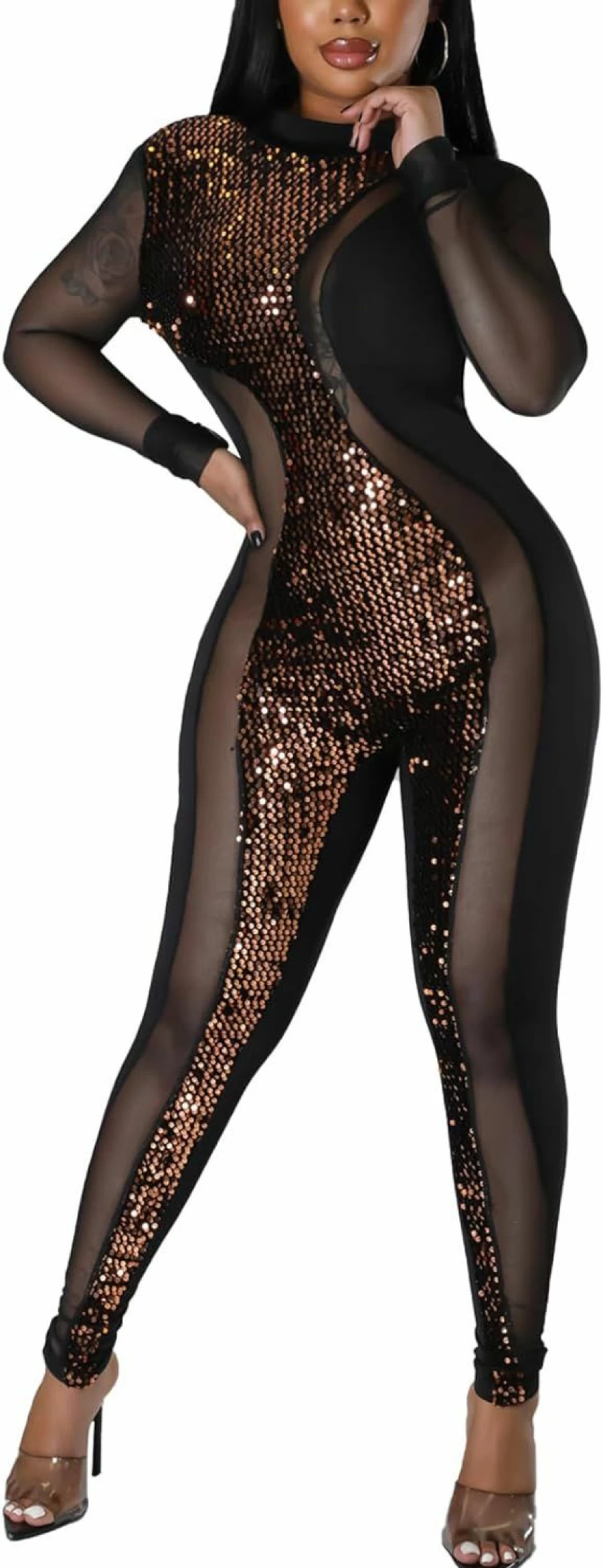 PORRCEY Women's Sparkly Bodycon Jumpsuit - Elegant Party Club Night Outfit for Casual and Evening Wear
