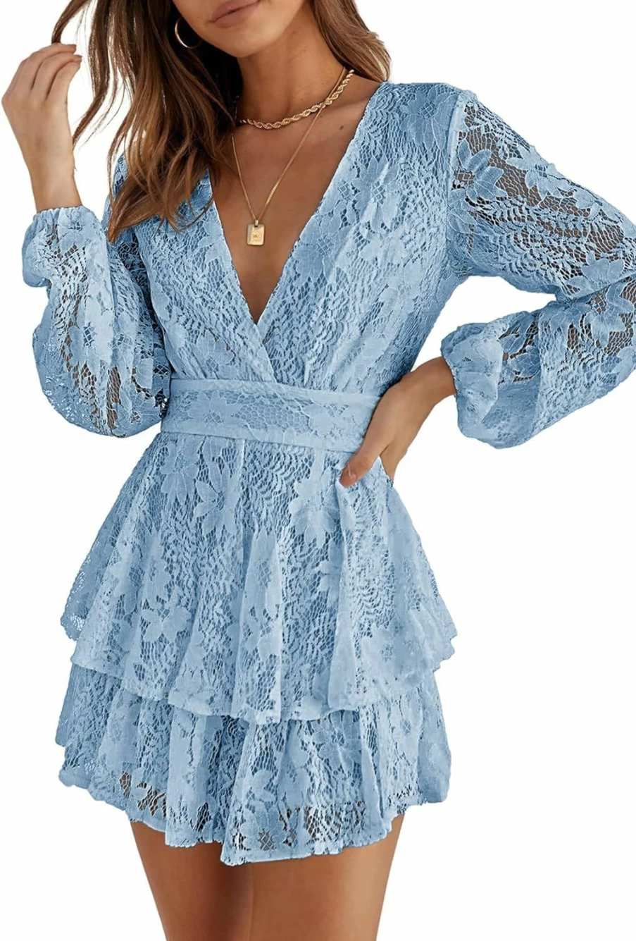 Okiwam Women's 2024 Fall V-Neck Wrap Waist Ruffle Hem Romper Dress Long Sleeve Short Jumpsuit