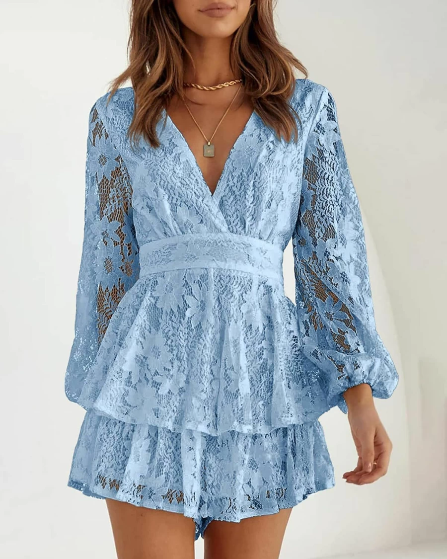 Okiwam Women's 2024 Fall V-Neck Wrap Waist Ruffle Hem Romper Dress Long Sleeve Short Jumpsuit