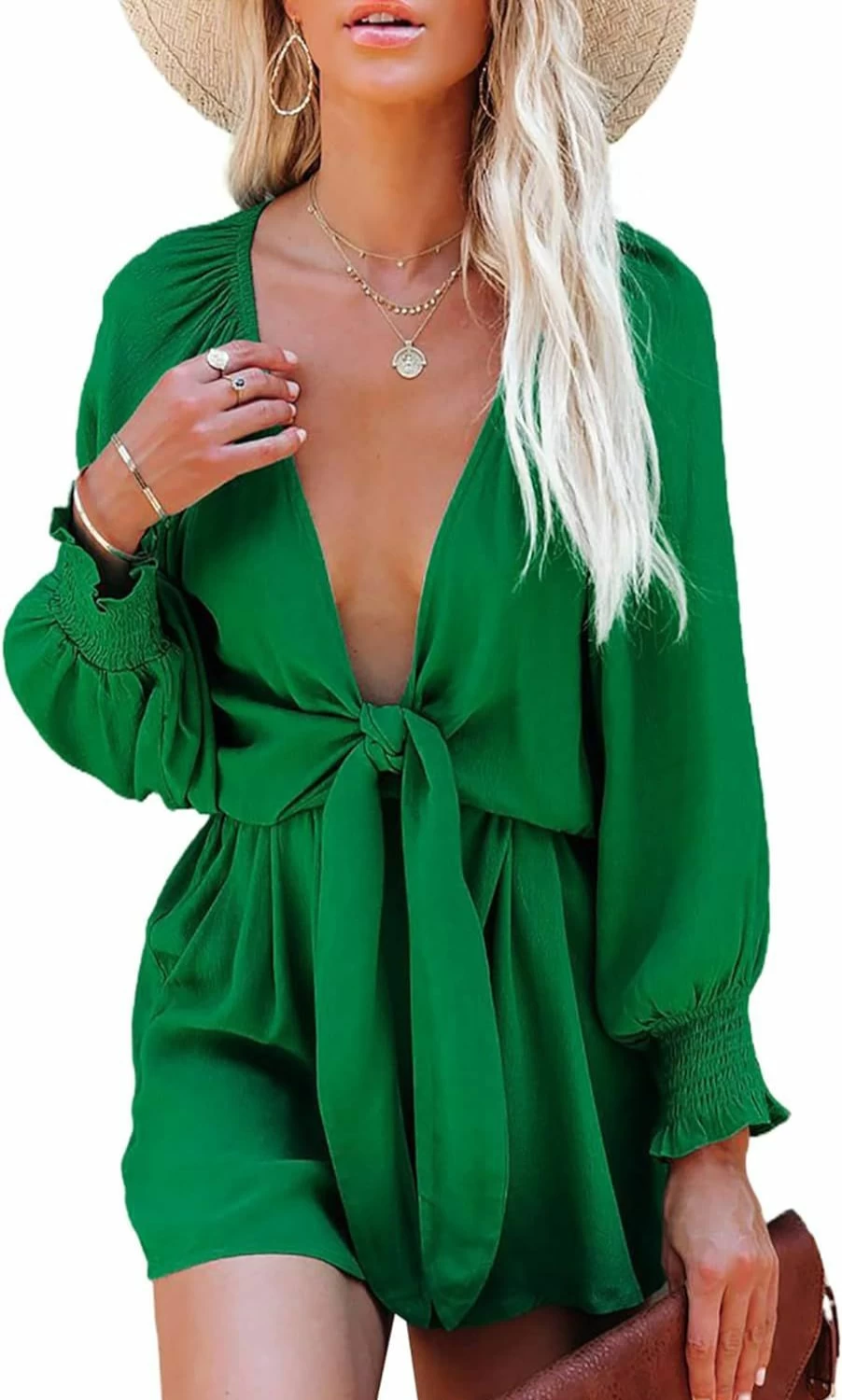 AELSON Women's Boho Floral Print Romper Playsuit - Long Flare Sleeves V-Neck Jumpsuit for Women