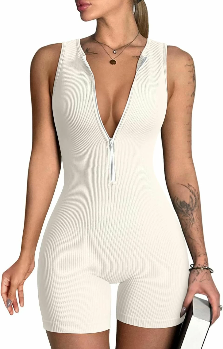 OQQ Women's Zip-Front Sleeveless Yoga Romper - Workout & Exercise Jumpsuit for Activewear