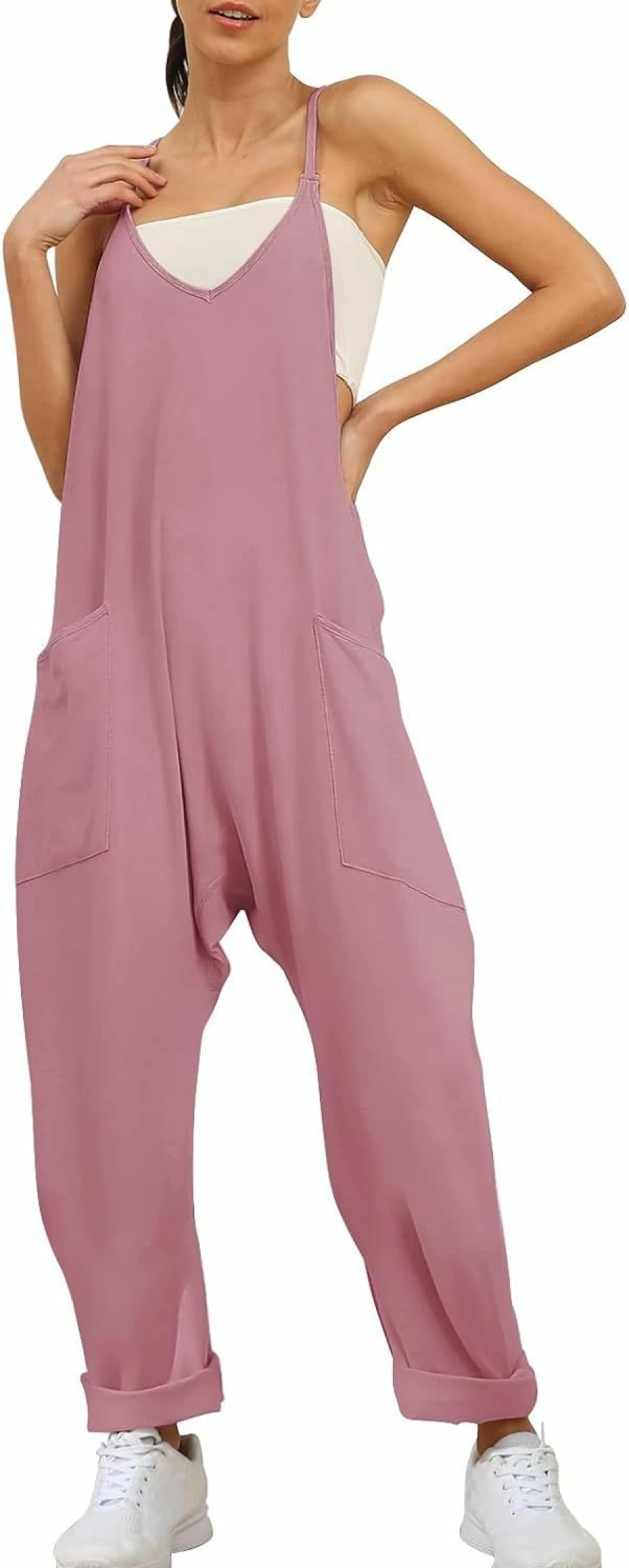 EFAN Women's Y2K Baggy Casual Jumpsuit - Sleeveless Summer Romper with Spaghetti Straps & Pockets, Loose Fit Overalls (2024)