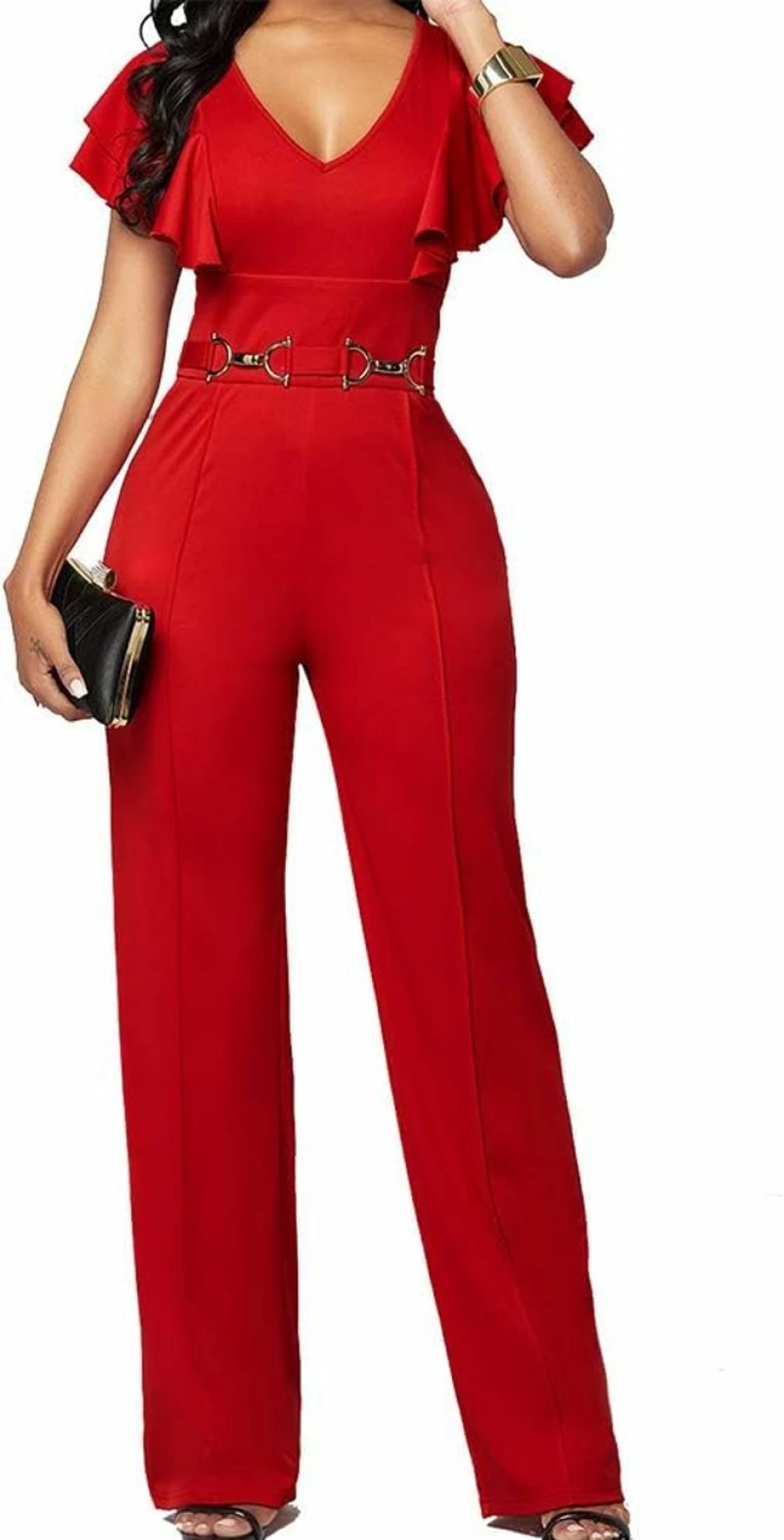 PDBQ Women's V-Neck Ruffled Jumpsuit with High Waist Wide Leg Pants & Short Sleeves