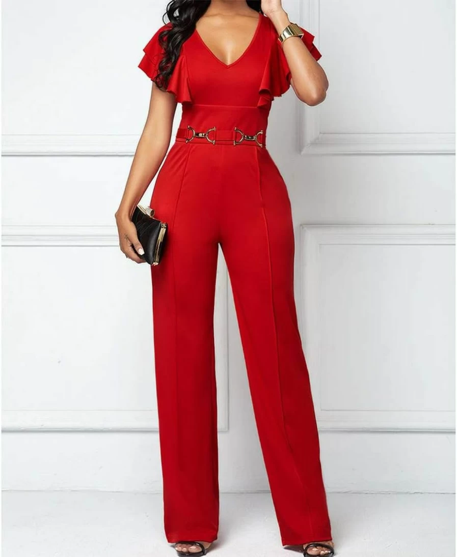 PDBQ Women's V-Neck Ruffled Jumpsuit with High Waist Wide Leg Pants & Short Sleeves