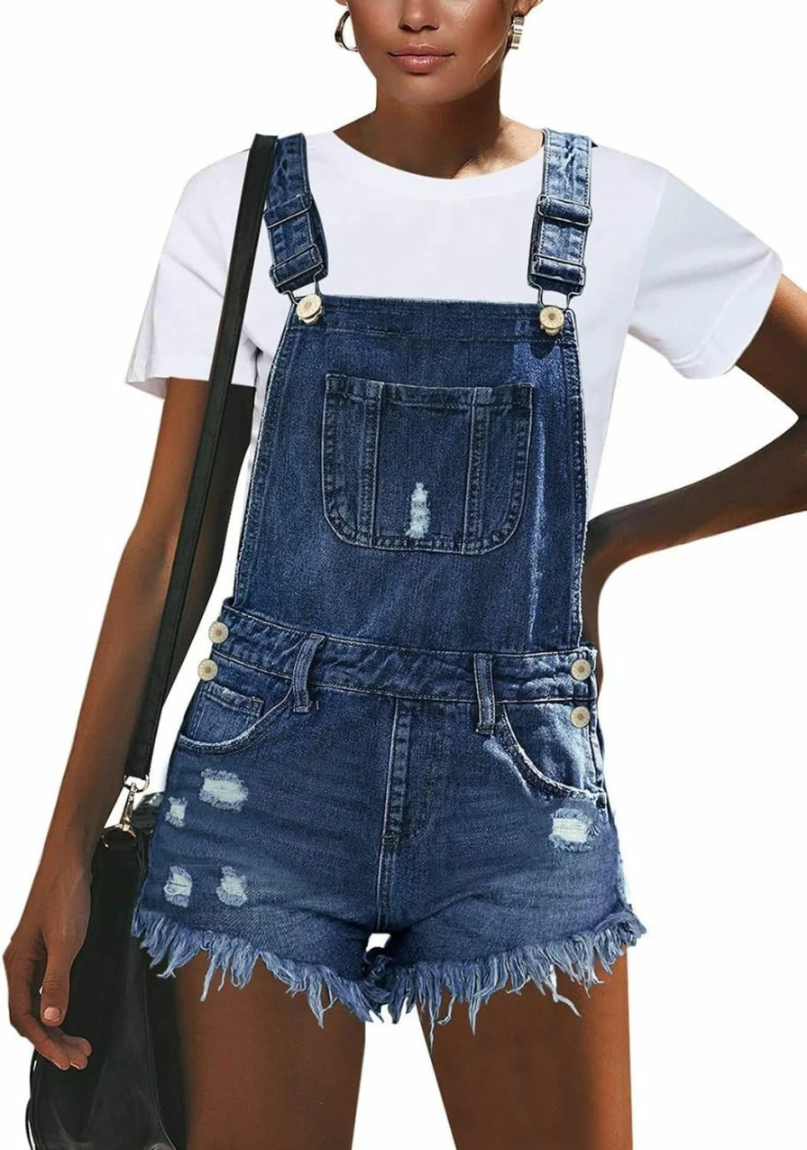 Luvamia Women's Adjustable Denim Overalls Shorts - Ripped Bib Romper Jumpsuit for Women