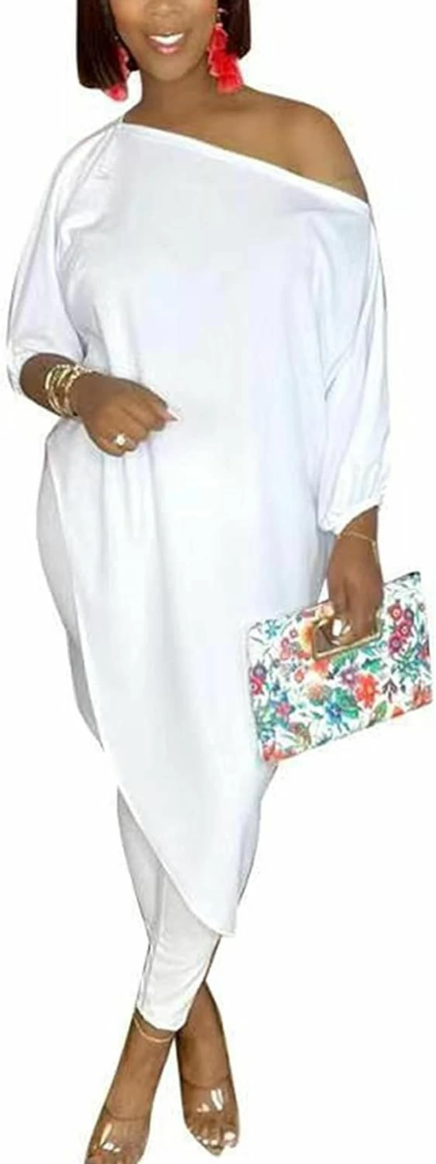Imbpceu Women's Off-Shoulder 3/4 Sleeve Top with Bodycon Pants Casual 2-Piece Outfit Set