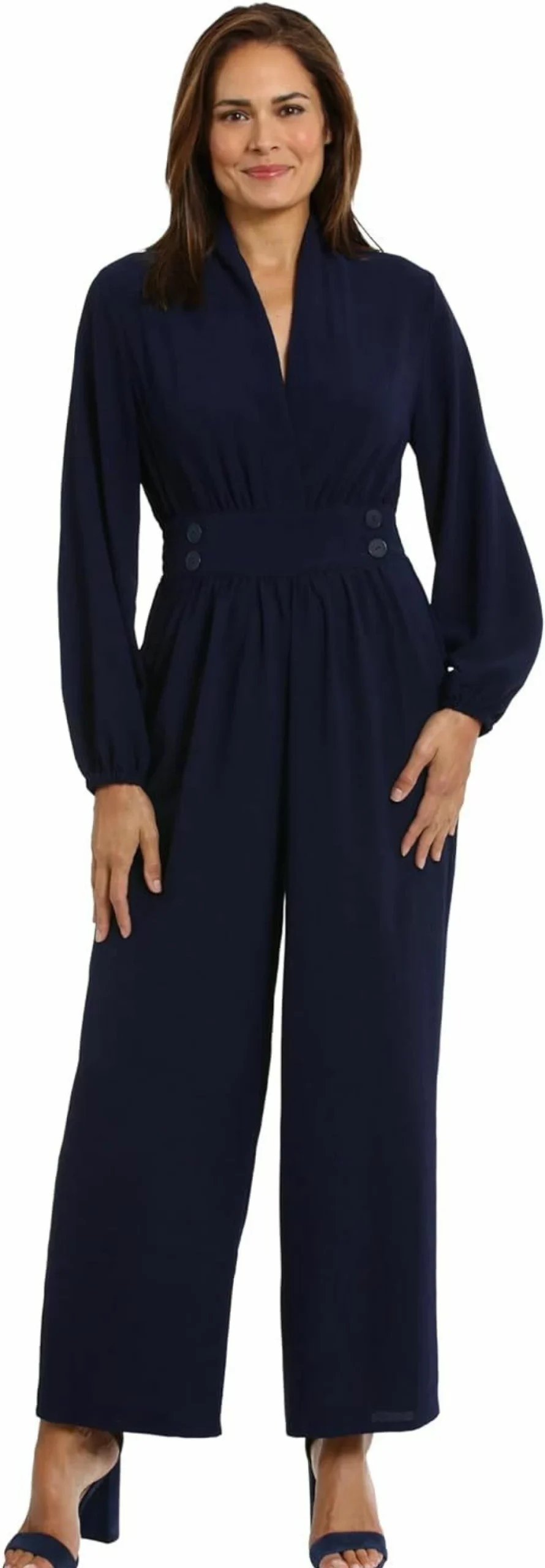 London Times Women's Professional V-Neck Button Waist Jumpsuit for Office, Work & Special Occasions