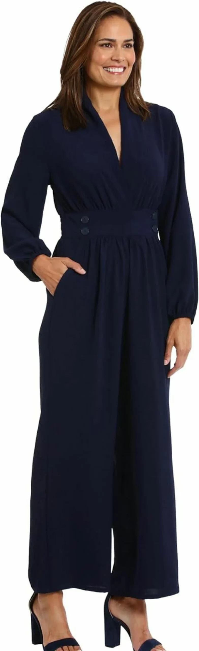 London Times Women's Professional V-Neck Button Waist Jumpsuit for Office, Work & Special Occasions