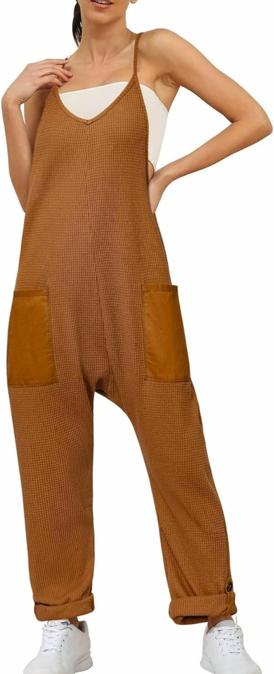 Glamaker Women's Sleeveless Waffle Knit Jumpsuit - Loose Fit Casual Overalls with Pockets for Maternity & Everyday Wear