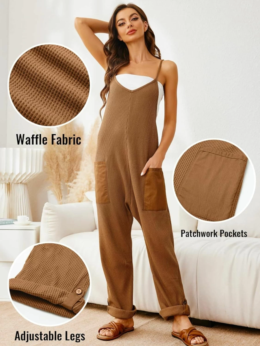 Glamaker Women's Sleeveless Waffle Knit Jumpsuit - Loose Fit Casual Overalls with Pockets for Maternity & Everyday Wear