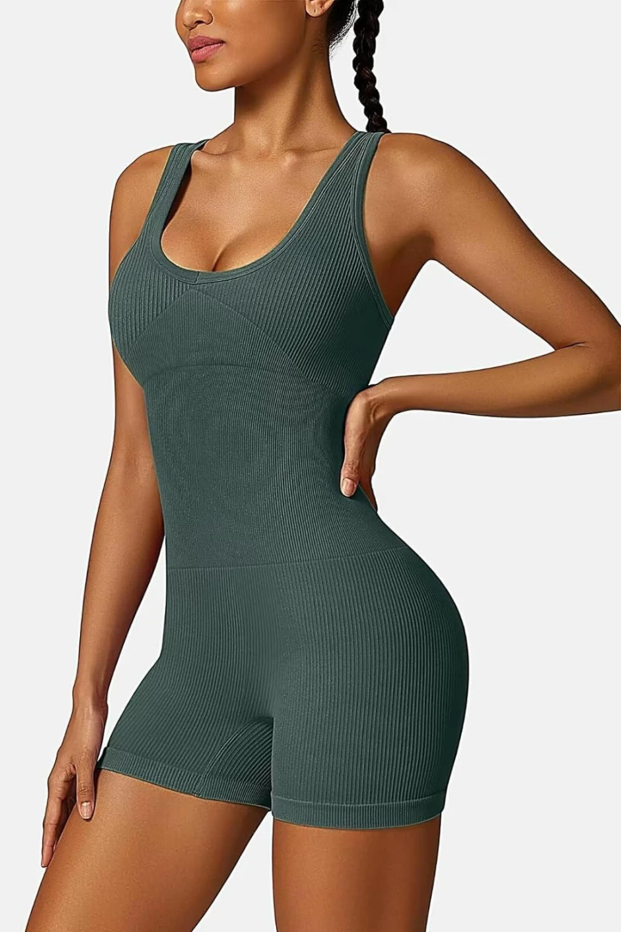 Vertvie Women's Ribbed Tummy Control Bodysuit - Seamless Workout Romper, One Piece Unitard with Padded Shorts for Gym & Active Wear