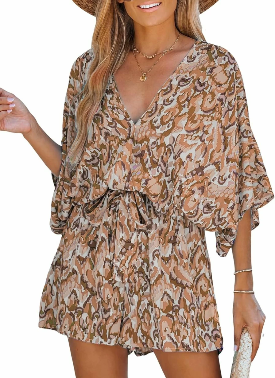 CUPSHE Women's Leopard Print Lace-Up Jumpsuit with Wide Leg and Short Sleeves
