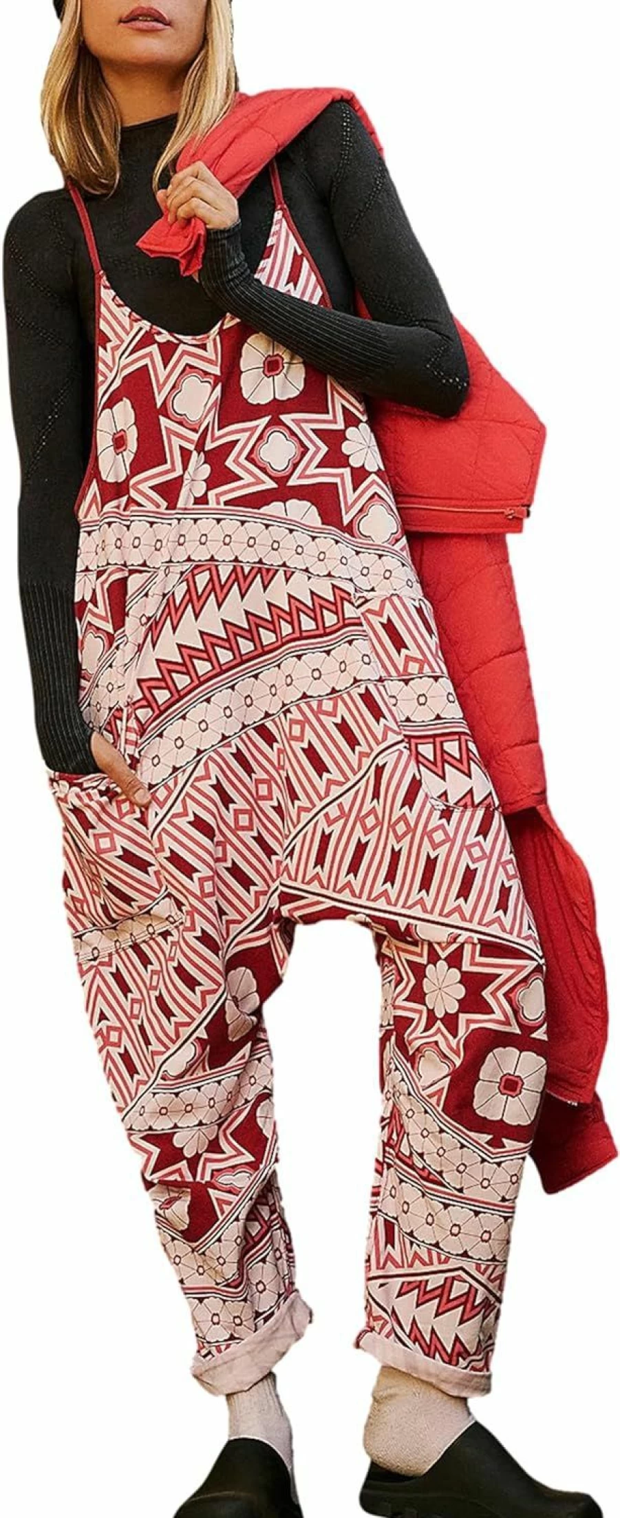 Kumufenc Women's Casual Sleeveless Jumpsuit with Pockets - Loose Fit Printed Romper Overalls for Maternity & Everyday Wear