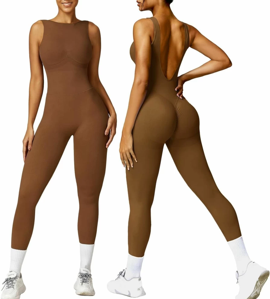 OEAK Women's Scrunch Butt Yoga Jumpsuit - Seamless V-Back Workout Romper & Gym Unitard for Booty Leggings 2024