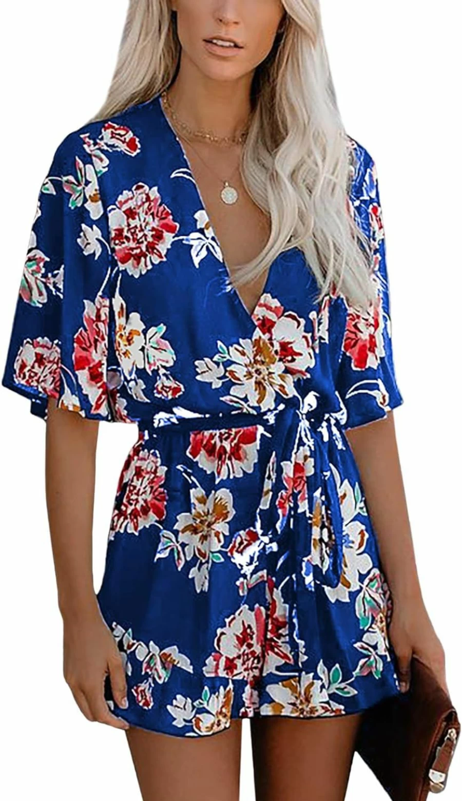 AIMCOO Women's Floral Print Summer Jumpsuit with V-Neck, Ruffle Hem, and Waist Tie Casual Romper