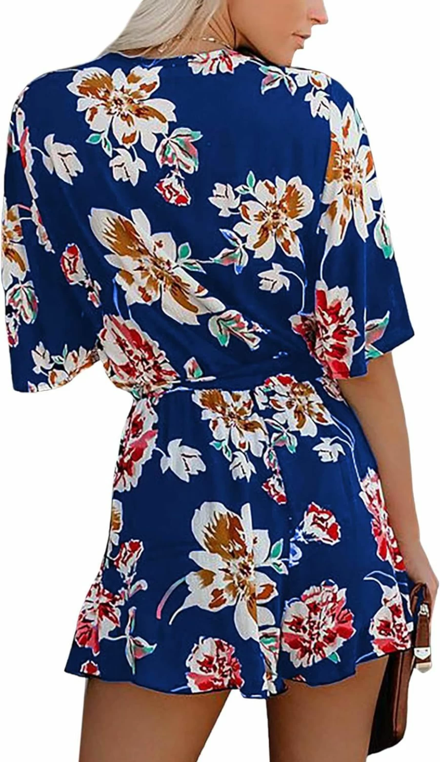 AIMCOO Women's Floral Print Summer Jumpsuit with V-Neck, Ruffle Hem, and Waist Tie Casual Romper