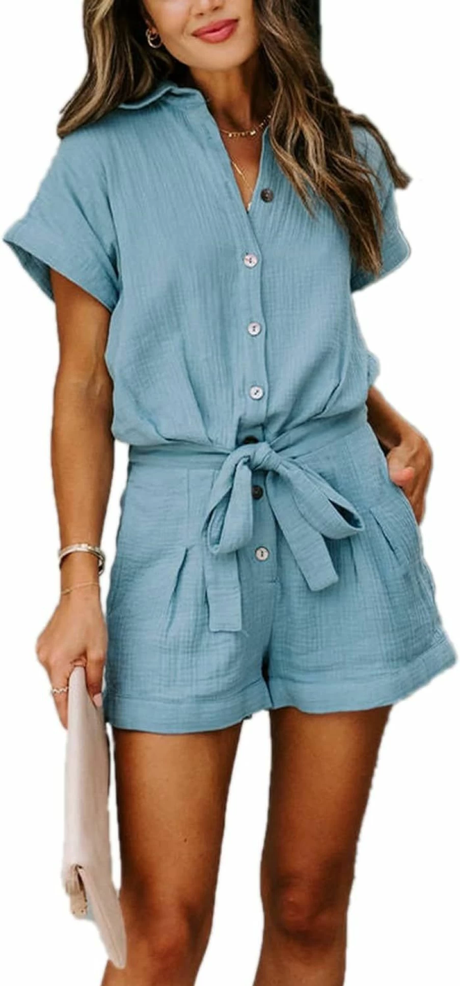 Paintcolors Women's Summer Solid Color Jumpsuit with Short Sleeves, Button Down, Pockets & Elastic Waist