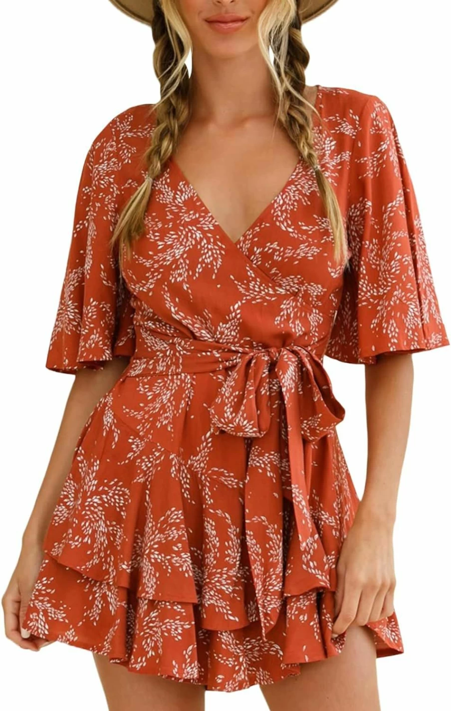SPRIME Women's Floral Wrap Romper Jumpsuit V-Neck Ruffled Hem Summer Short Sleeve Waist Tie Casual Outfit
