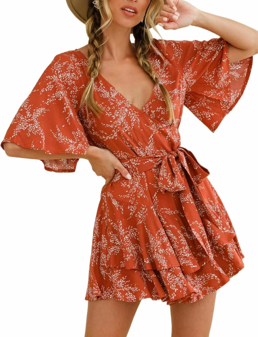 SPRIME Women's Floral Wrap Romper Jumpsuit V-Neck Ruffled Hem Summer Short Sleeve Waist Tie Casual Outfit