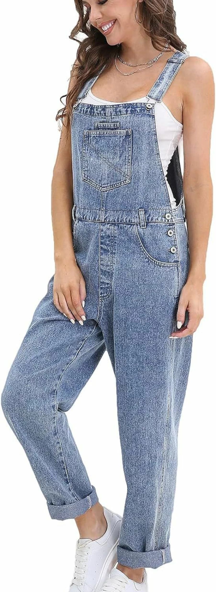 VOHOTO Women's Stretchy Denim Overalls - Loose Fit Adjustable Bib Jeans with Pockets, Comfortable Baggy Jumpsuit for Casual Wear