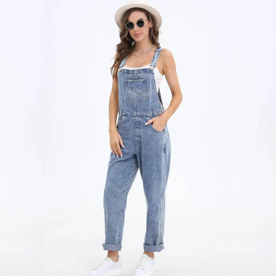 VOHOTO Women's Stretchy Denim Overalls - Loose Fit Adjustable Bib Jeans with Pockets, Comfortable Baggy Jumpsuit for Casual Wear