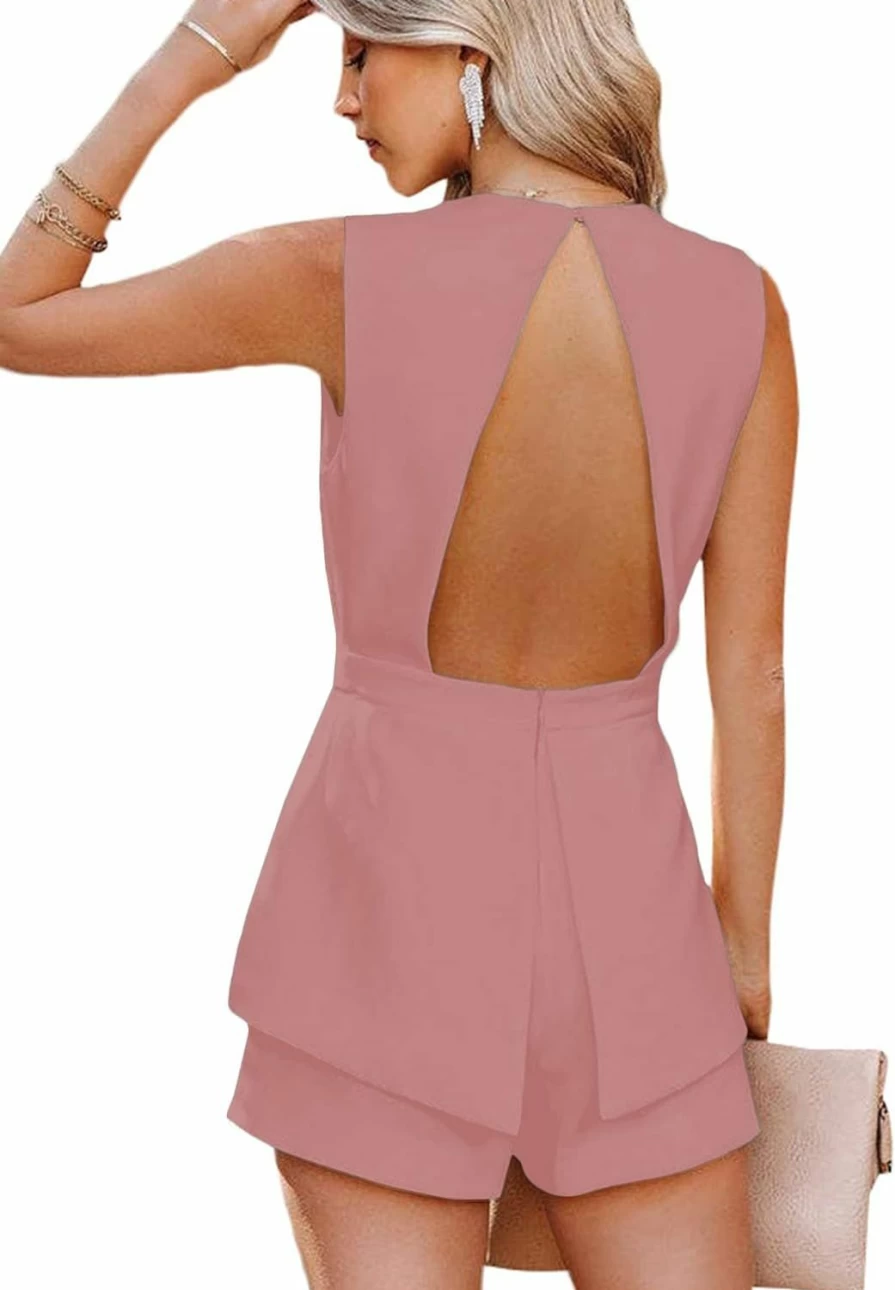 LYANER Women's Sexy Deep V-Neck Sleeveless Romper Jumpsuit - Backless Blazer Style Shorts Outfit