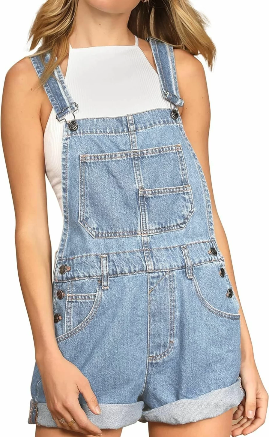 Hixiaohe Women's Adjustable Denim Shortalls Romper with Cuffed Hem and Bib Overalls - Classic Jean Shorts for Women