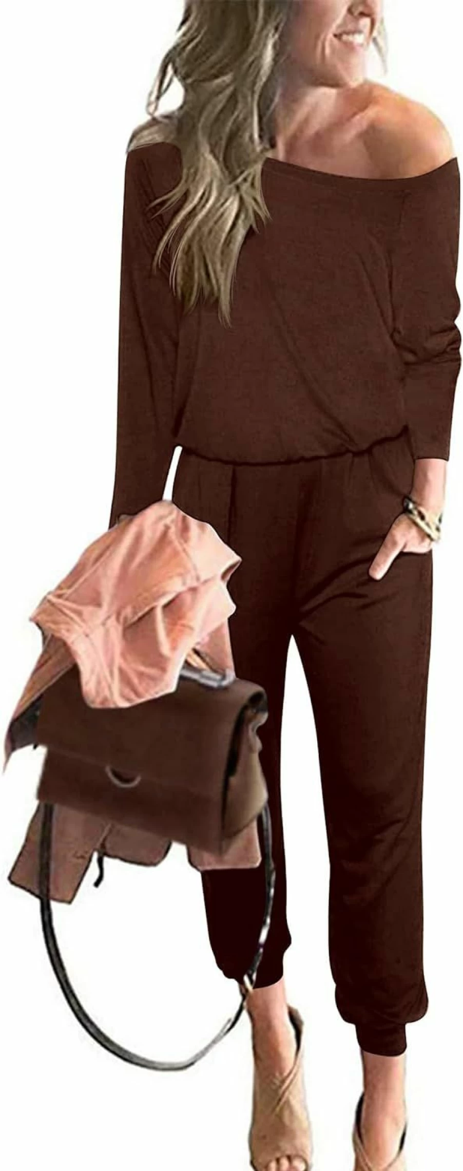 PRETTYGARDEN Women's Off-Shoulder Casual Jumpsuit Long Sleeve Elastic Waist Stretchy Romper One Piece Outfit