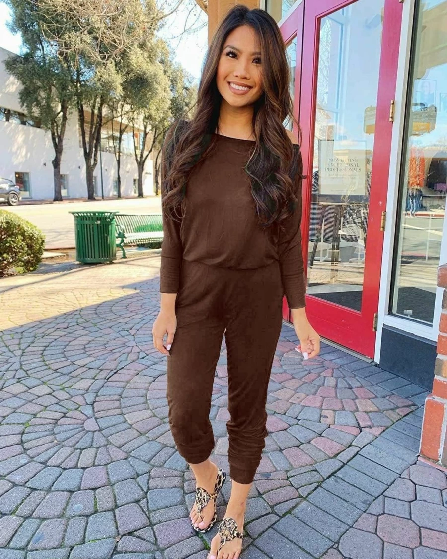 PRETTYGARDEN Women's Off-Shoulder Casual Jumpsuit Long Sleeve Elastic Waist Stretchy Romper One Piece Outfit
