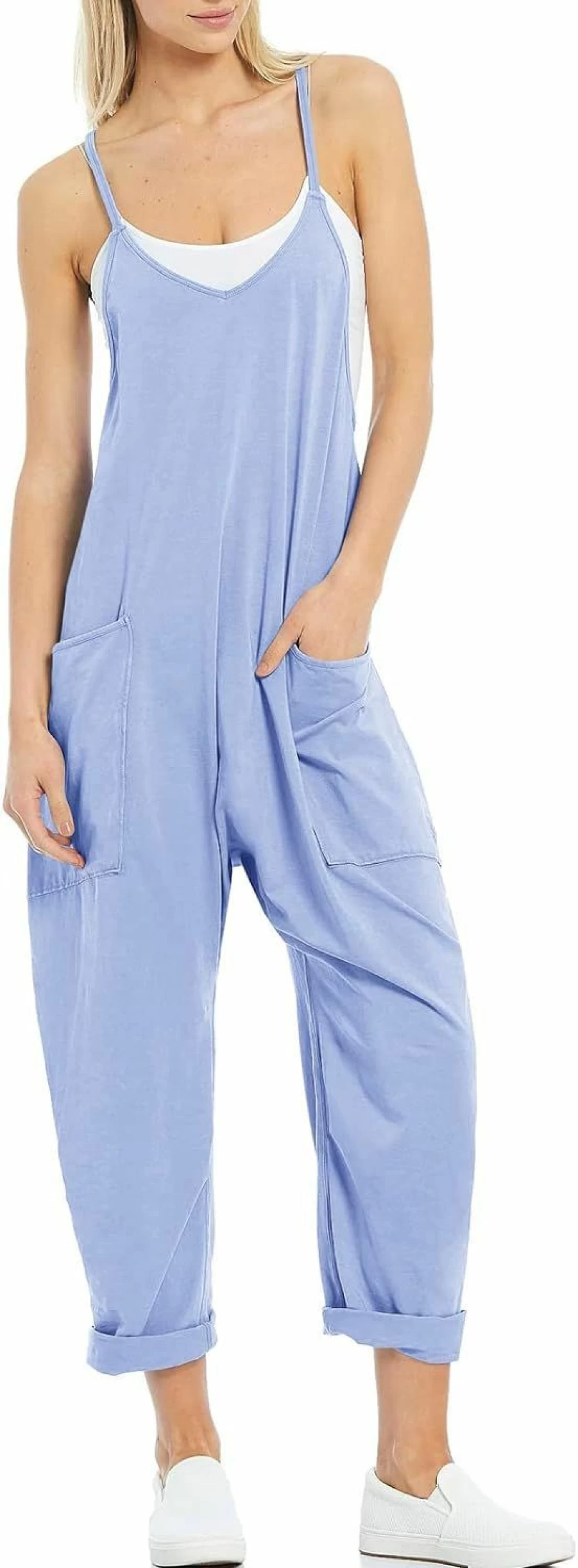 Tongmingyun Women's Casual Sleeveless Jumpsuit with Spaghetti Straps, Loose Fit Romper with Long Pants and Side Pockets