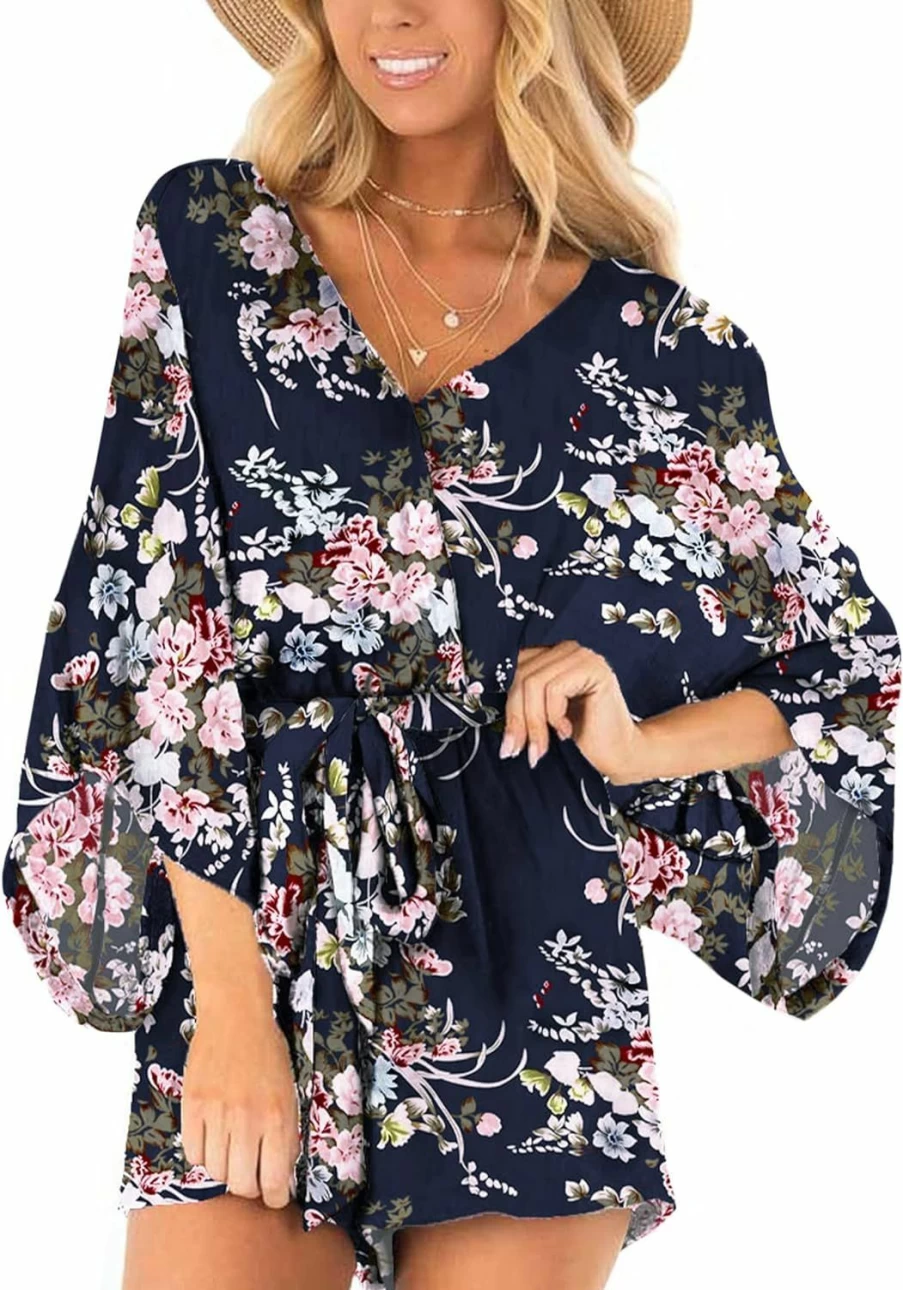 AIMCOO Women's Floral Print Summer Jumpsuit Long Sleeve High Waist Tie Knot Casual Romper Shorts