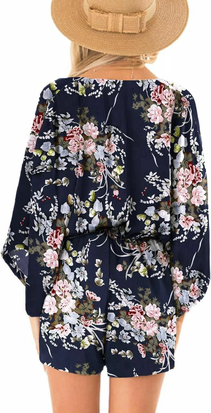 AIMCOO Women's Floral Print Summer Jumpsuit Long Sleeve High Waist Tie Knot Casual Romper Shorts
