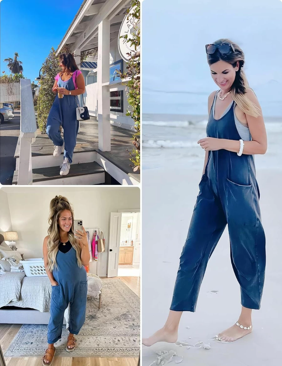 Springrain Women's Casual Stretchy Jumpsuit with Pockets - Summer Baggy Romper for Comfort & Style