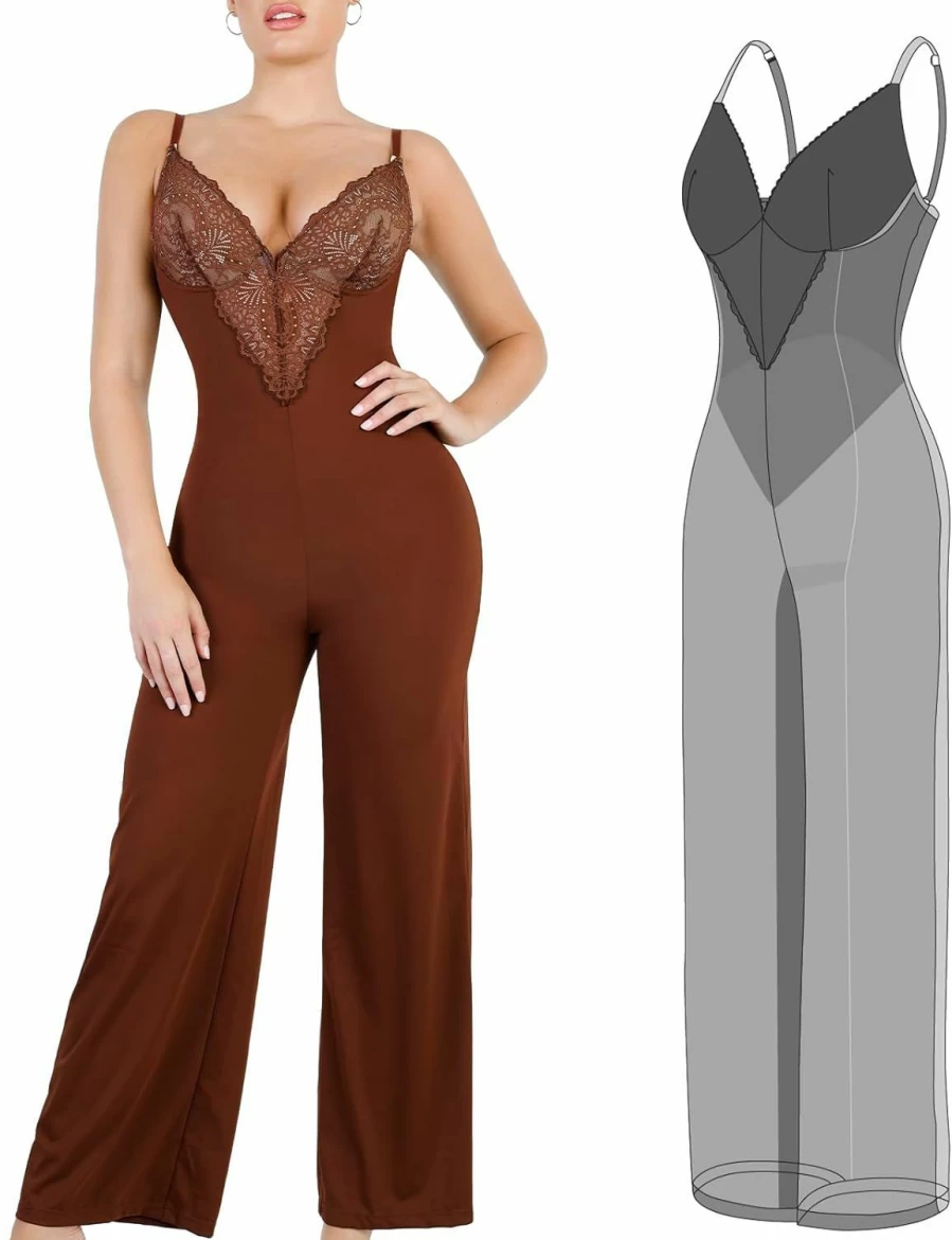 Popilush Women's Backless V-Neck Lace Shapewear Jumpsuit with Flare Leggings & Spaghetti Straps Wide Leg Romper Bodysuit