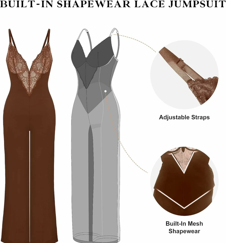 Popilush Women's Backless V-Neck Lace Shapewear Jumpsuit with Flare Leggings & Spaghetti Straps Wide Leg Romper Bodysuit