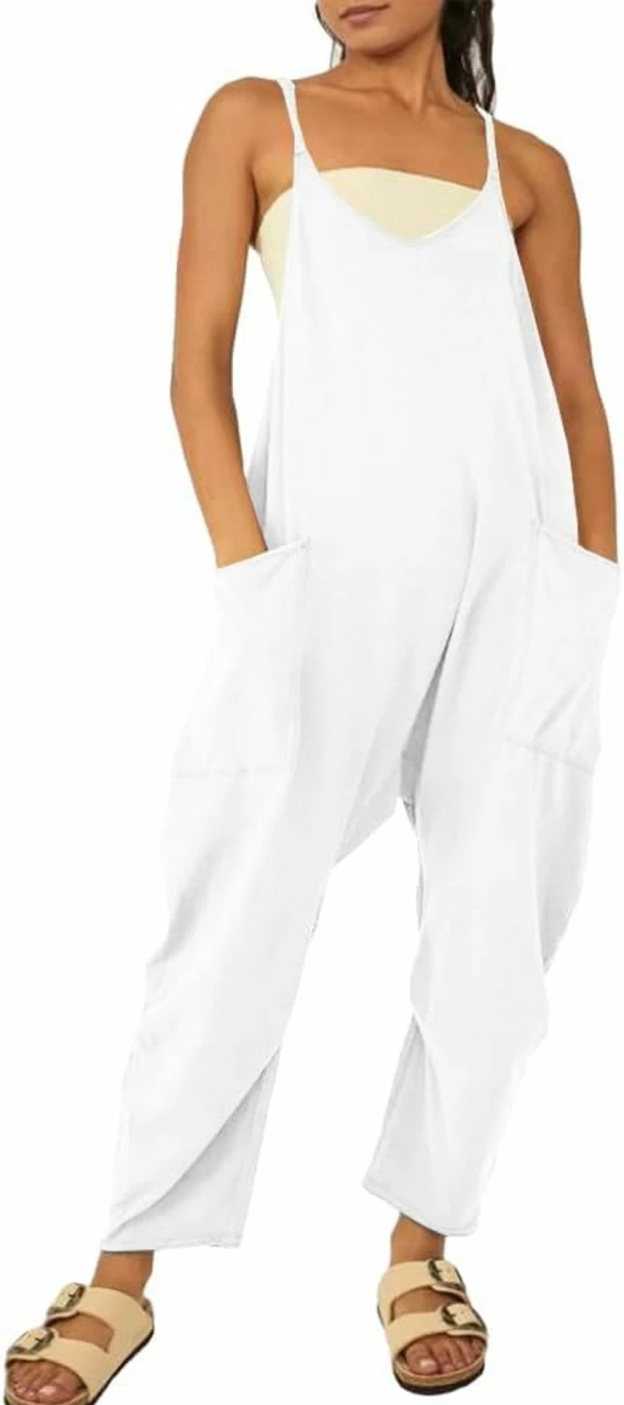 Newffr Women's Casual Sleeveless Maternity Jumpsuit with Pockets - Comfortable Spaghetti Strap Romper Overalls for Pregnancy