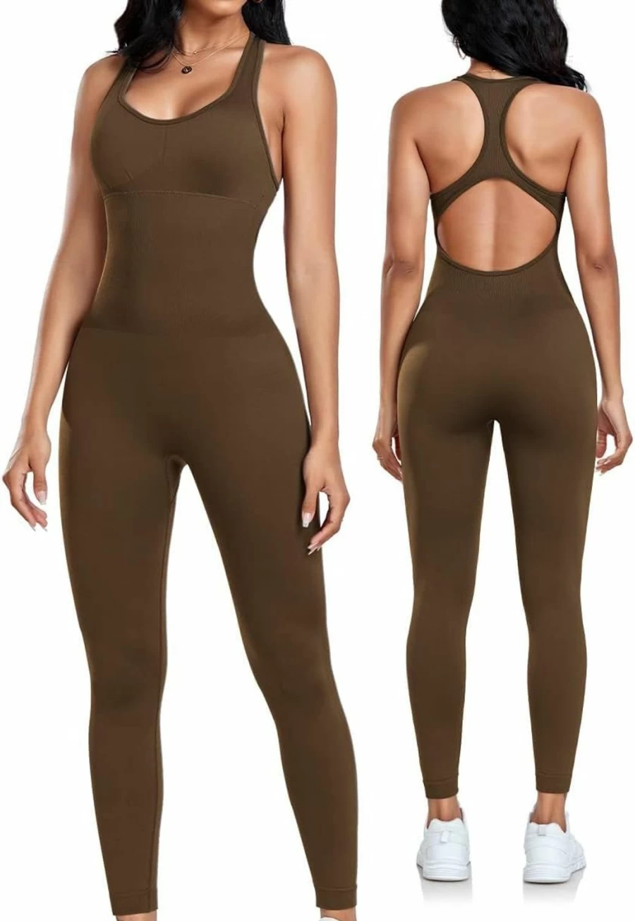 OLCHEE Women's Seamless Yoga Jumpsuit - Tummy Control Workout Romper with Padded Bra, Racerback Gym Unitard for Fitness & Training
