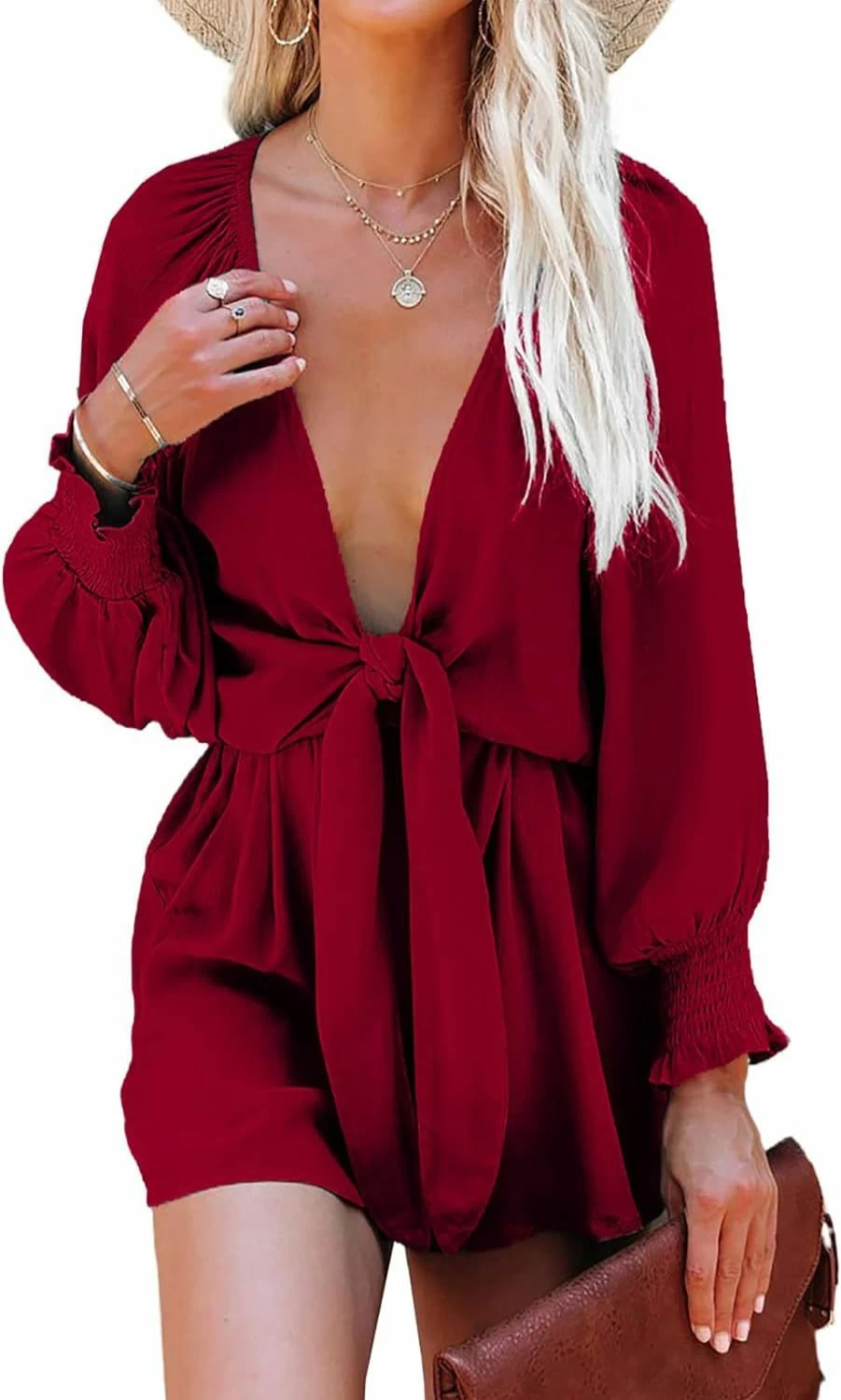 AlvaQ Women's Sexy V-Neck Tie Front Jumpsuit - Summer Romper for Spring & Summer Outfits