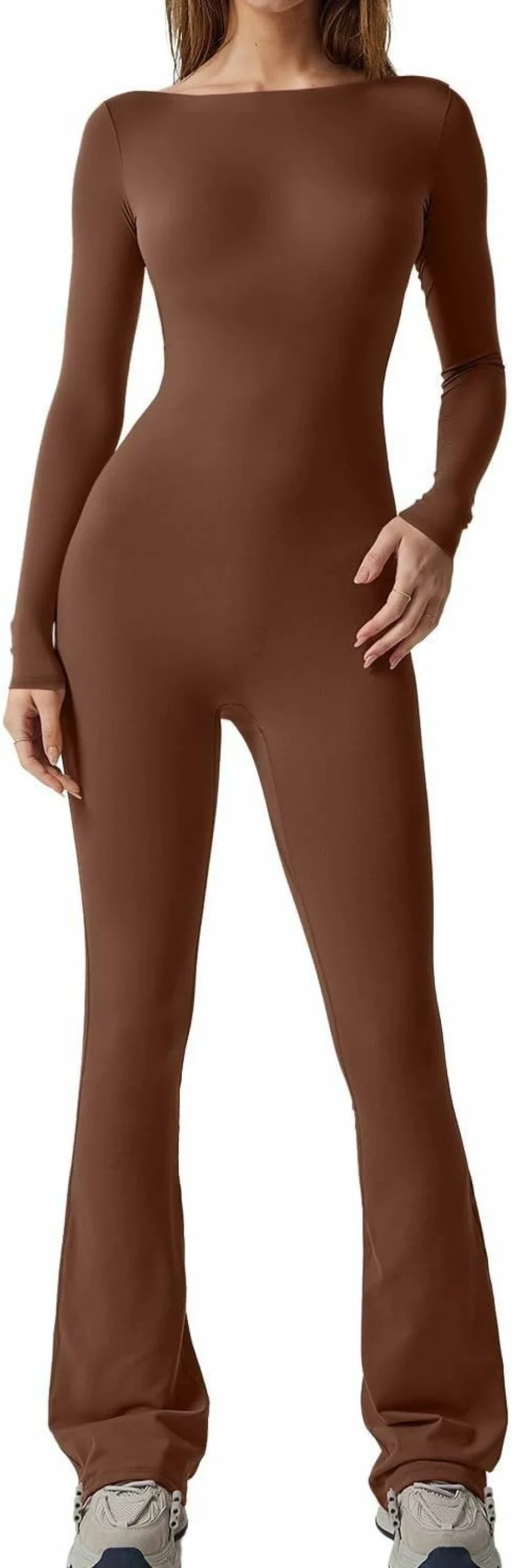 QINSEN Women's Sexy Open Back Long Sleeve Romper Jumpsuit with Flared Bottom - Bodycon One Piece Outfit