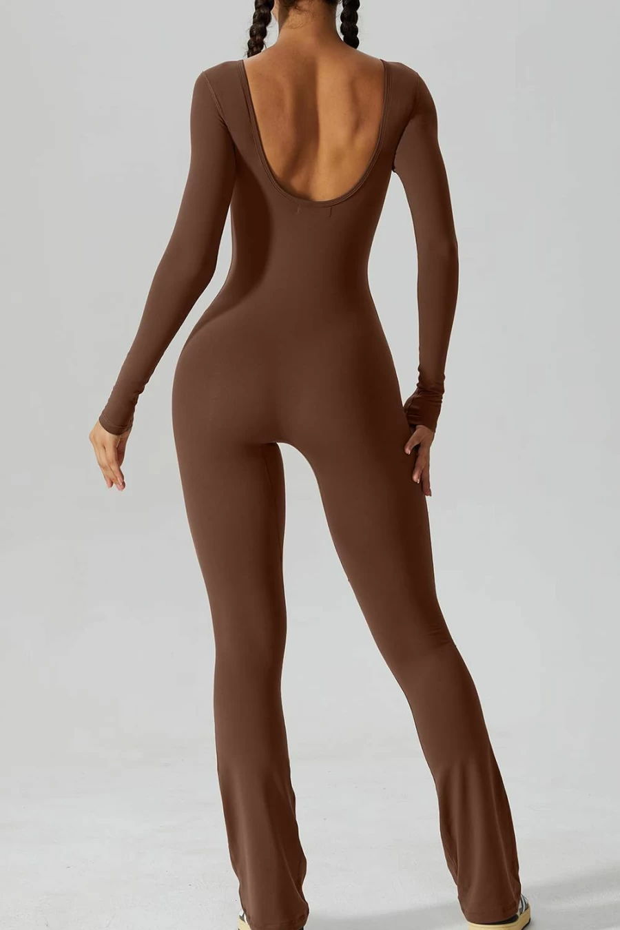 QINSEN Women's Sexy Open Back Long Sleeve Romper Jumpsuit with Flared Bottom - Bodycon One Piece Outfit