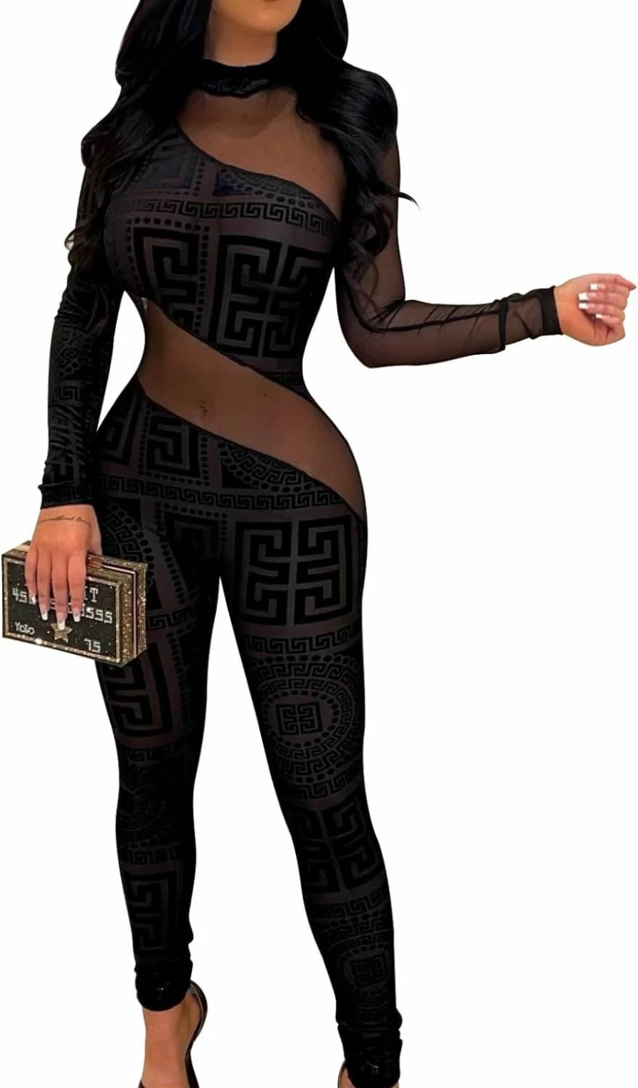 Hibshaby Women's Black Leopard Print Mesh Jumpsuit - Sexy Bodycon Romper for Streetwear & Night Out